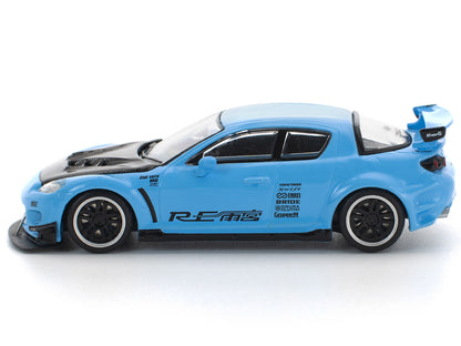 Mazda RX8 RE-Amemiya Widebody RHD (Right Hand Drive) Light Blue with Carbon Hood 1/64 Diecast Model Car