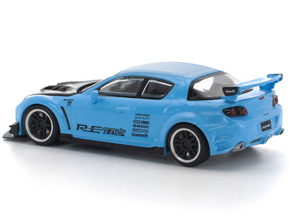 Mazda RX8 RE-Amemiya Widebody RHD (Right Hand Drive) Light Blue with Carbon Hood 1/64 Diecast Model Car
