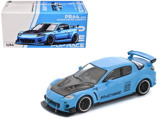 Mazda RX8 RE-Amemiya Widebody RHD (Right Hand Drive) Light Blue with Carbon Hood 1/64 Diecast Model Car