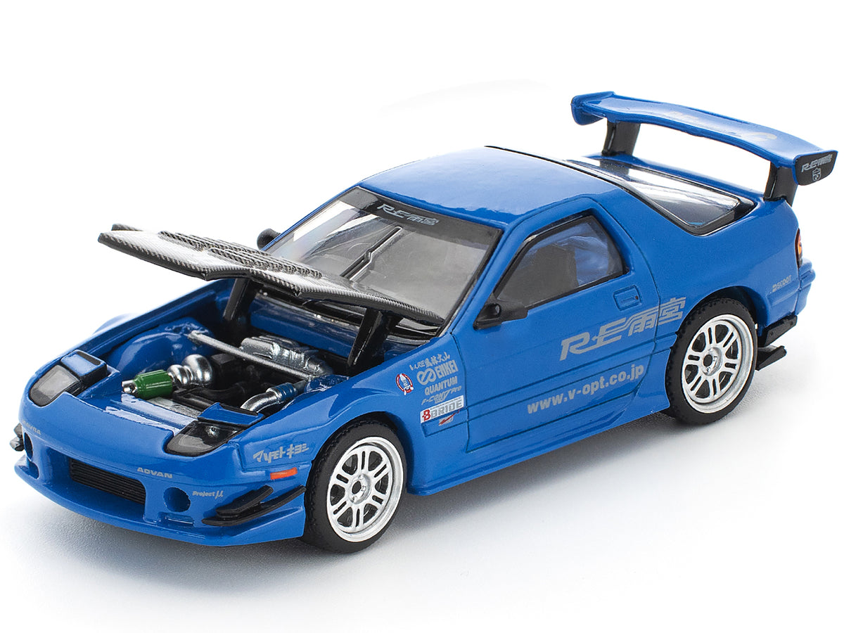 Mazda RX7 (FC3S) RE Amemiya RHD (Right Hand Drive) Blue Metallic with Carbon Hood 1/64 Diecast Model Car