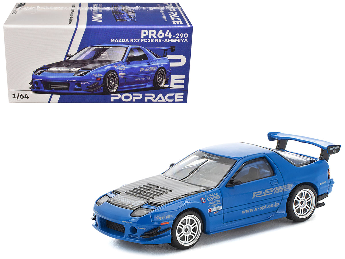 Mazda RX7 (FC3S) RE Amemiya RHD (Right Hand Drive) Blue Metallic with Carbon Hood 1/64 Diecast Model Car