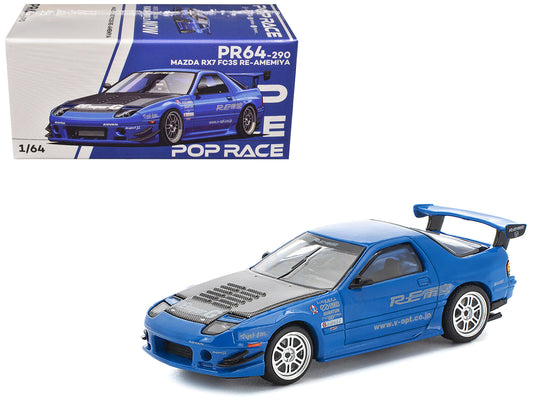 Mazda RX7 (FC3S) RE Amemiya RHD (Right Hand Drive) Blue Metallic with Carbon Hood 1/64 Diecast Model Car