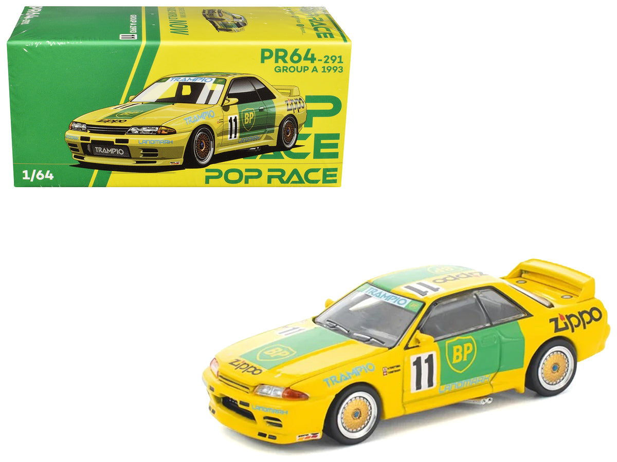 Skyline GT-R R32 RHD (Right Hand Drive) #11 Yellow with Green Graphics "Group A" (1993) 1/64 Diecast Model Car