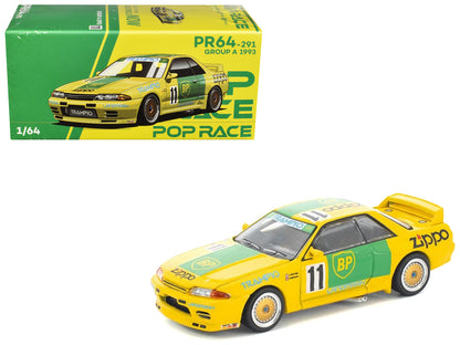 Skyline GT-R R32 RHD (Right Hand Drive) #11 Yellow with Green Graphics "Group A" (1993) 1/64 Diecast Model Car