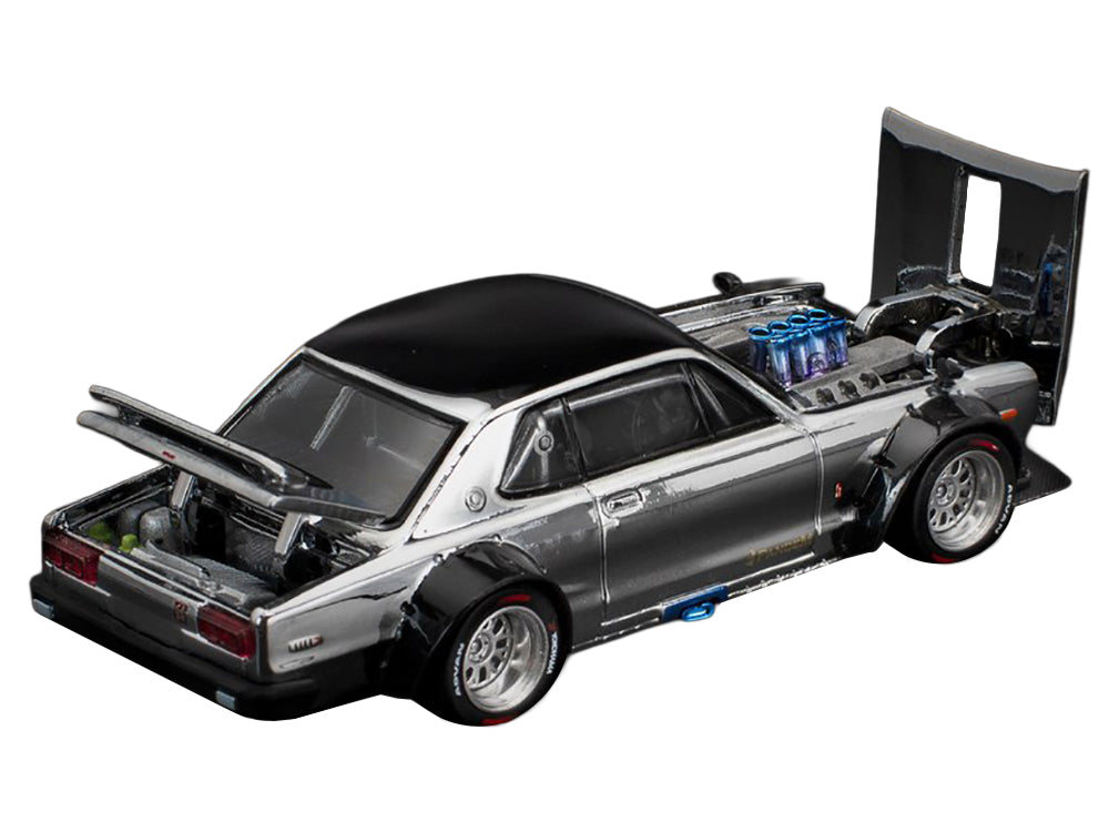 Skyline GT-R V8 Drift "Hakosuka" RHD (Right Hand Drive) Silver Chrome with Black Hood and Top 1/64 Diecast Model Car