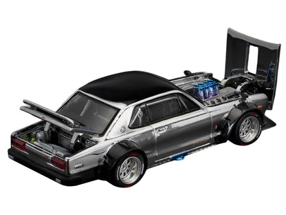 Skyline GT-R V8 Drift "Hakosuka" RHD (Right Hand Drive) Silver Chrome with Black Hood and Top 1/64 Diecast Model Car