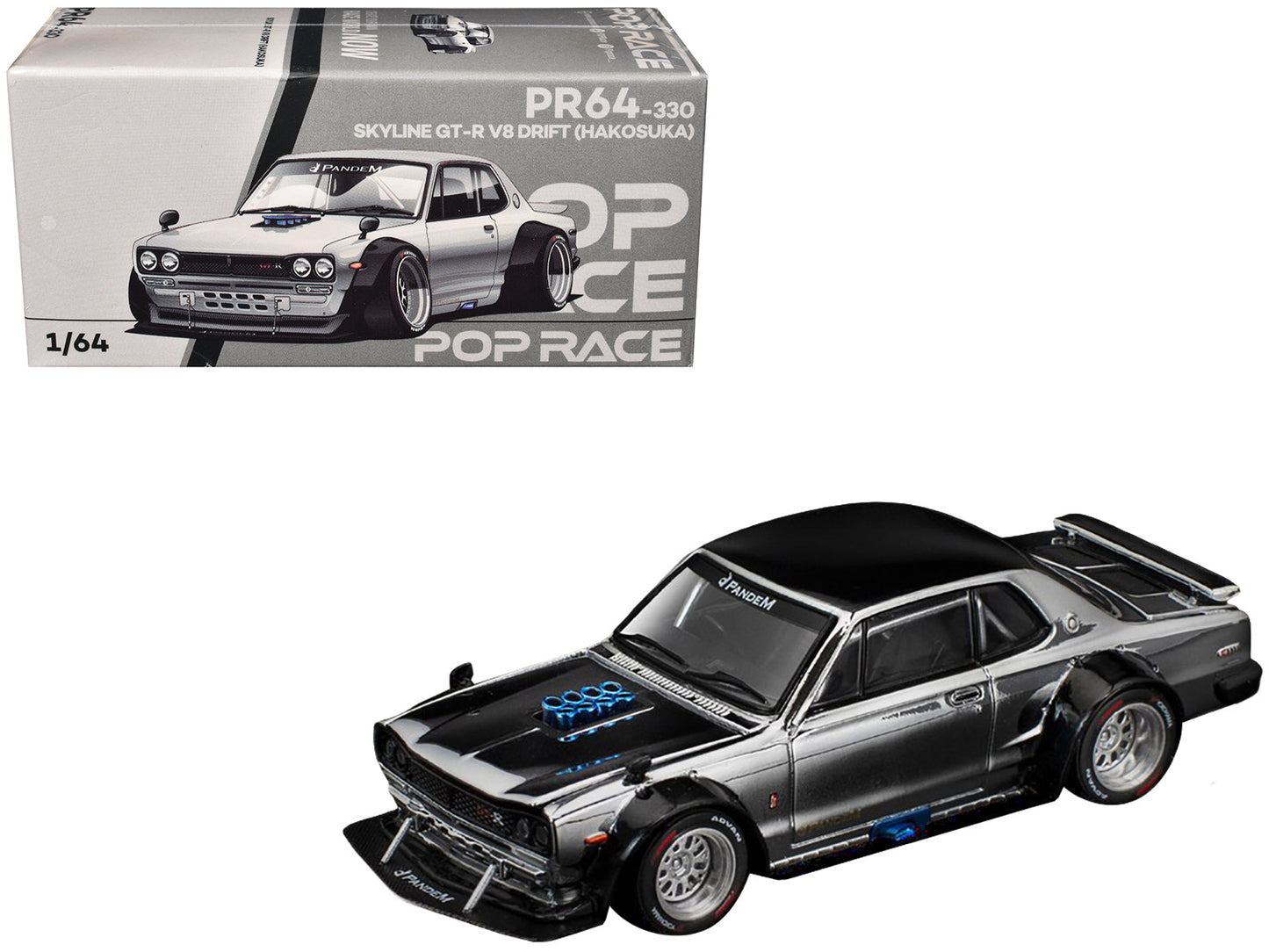 Skyline GT-R V8 Drift "Hakosuka" RHD (Right Hand Drive) Silver Chrome with Black Hood and Top 1/64 Diecast Model Car