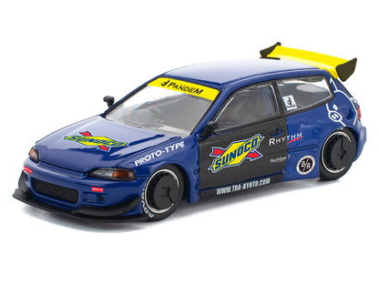 Pandem Civic EG6 RHD (Right Hand Drive) "Sunoco" Blue Metallic with Yellow Accents 1/64 Diecast Model Car
