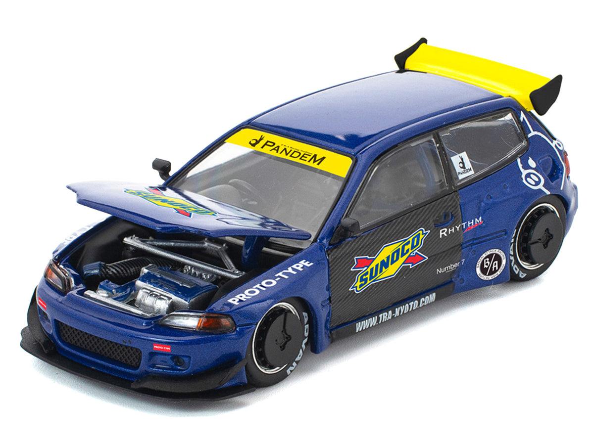 Pandem Civic EG6 RHD (Right Hand Drive) "Sunoco" Blue Metallic with Yellow Accents 1/64 Diecast Model Car