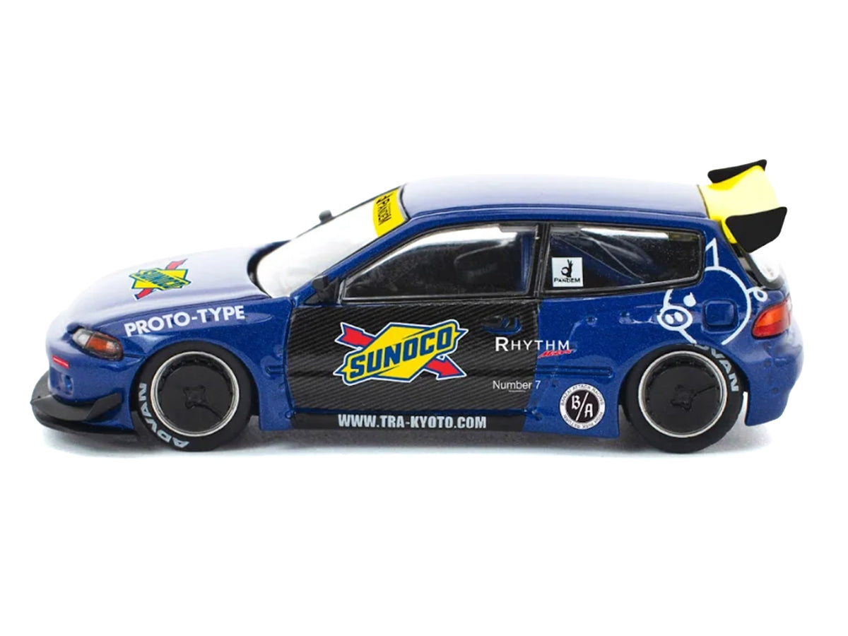 Pandem Civic EG6 RHD (Right Hand Drive) "Sunoco" Blue Metallic with Yellow Accents 1/64 Diecast Model Car