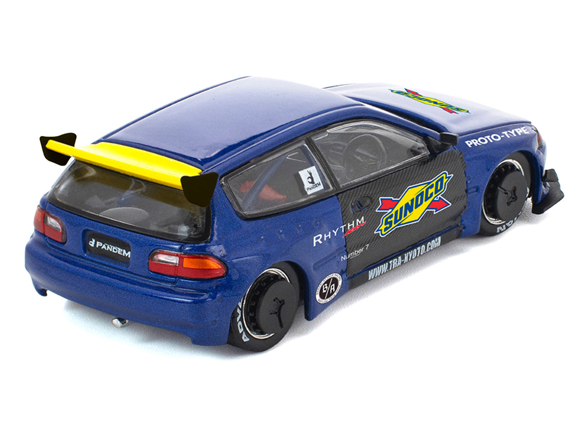 Pandem Civic EG6 RHD (Right Hand Drive) "Sunoco" Blue Metallic with Yellow Accents 1/64 Diecast Model Car