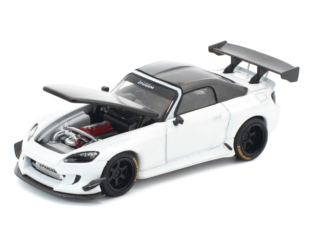 Honda Pandem S2000 RHD (Right Hand Drive) White with Carbon Hood and Top 1/64 Diecast Model Car