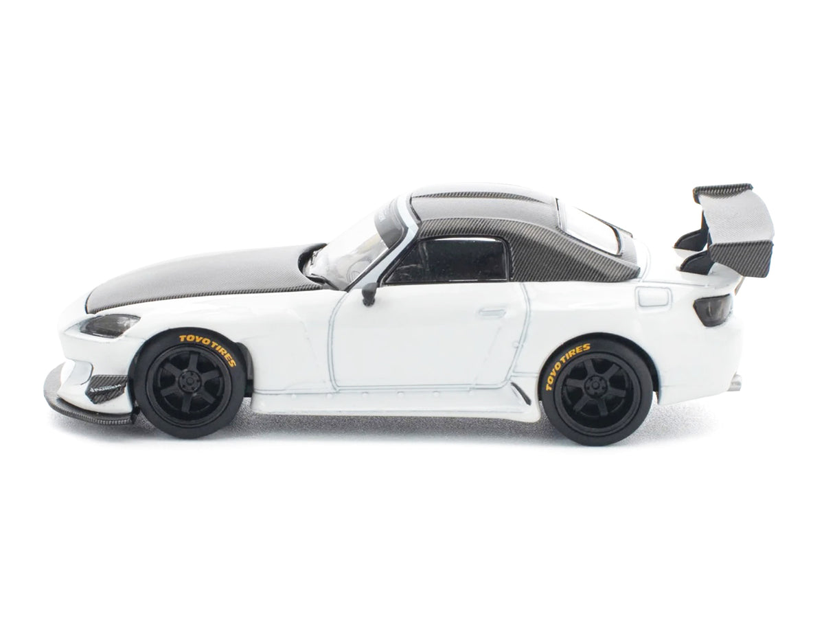 Honda Pandem S2000 RHD (Right Hand Drive) White with Carbon Hood and Top 1/64 Diecast Model Car
