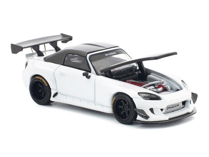 Honda Pandem S2000 RHD (Right Hand Drive) White with Carbon Hood and Top 1/64 Diecast Model Car