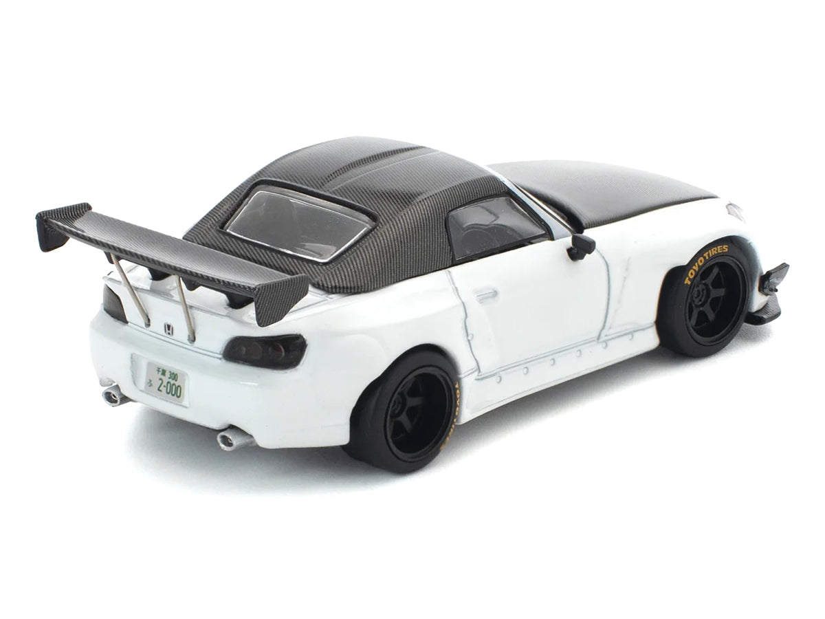 Honda Pandem S2000 RHD (Right Hand Drive) White with Carbon Hood and Top 1/64 Diecast Model Car