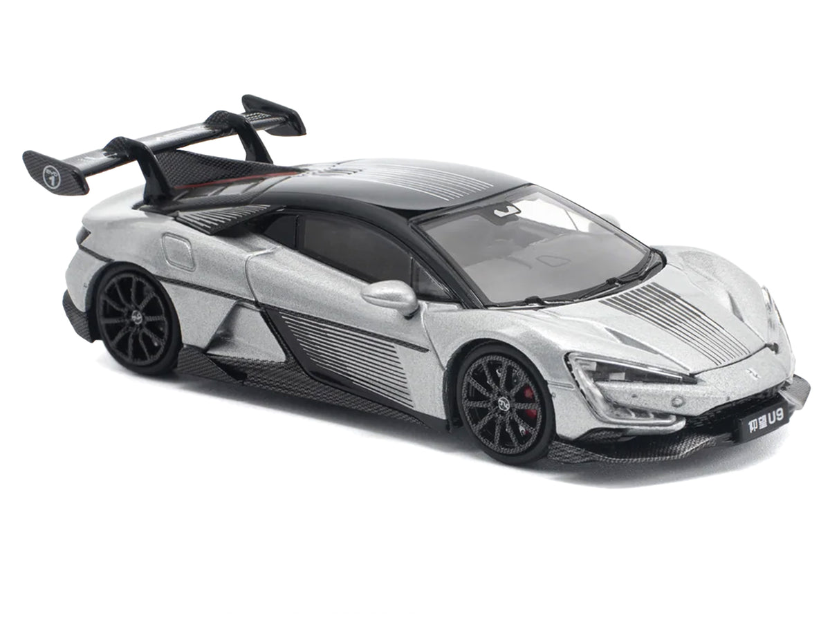 Yangwang U9 Silver Metallic with Black Top and Stripes 1/64 Diecast Model Car