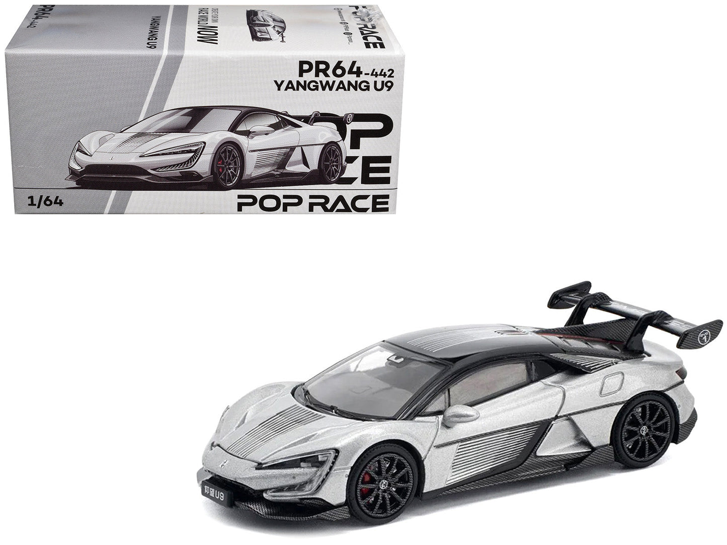 Yangwang U9 Silver Metallic with Black Top and Stripes 1/64 Diecast Model Car