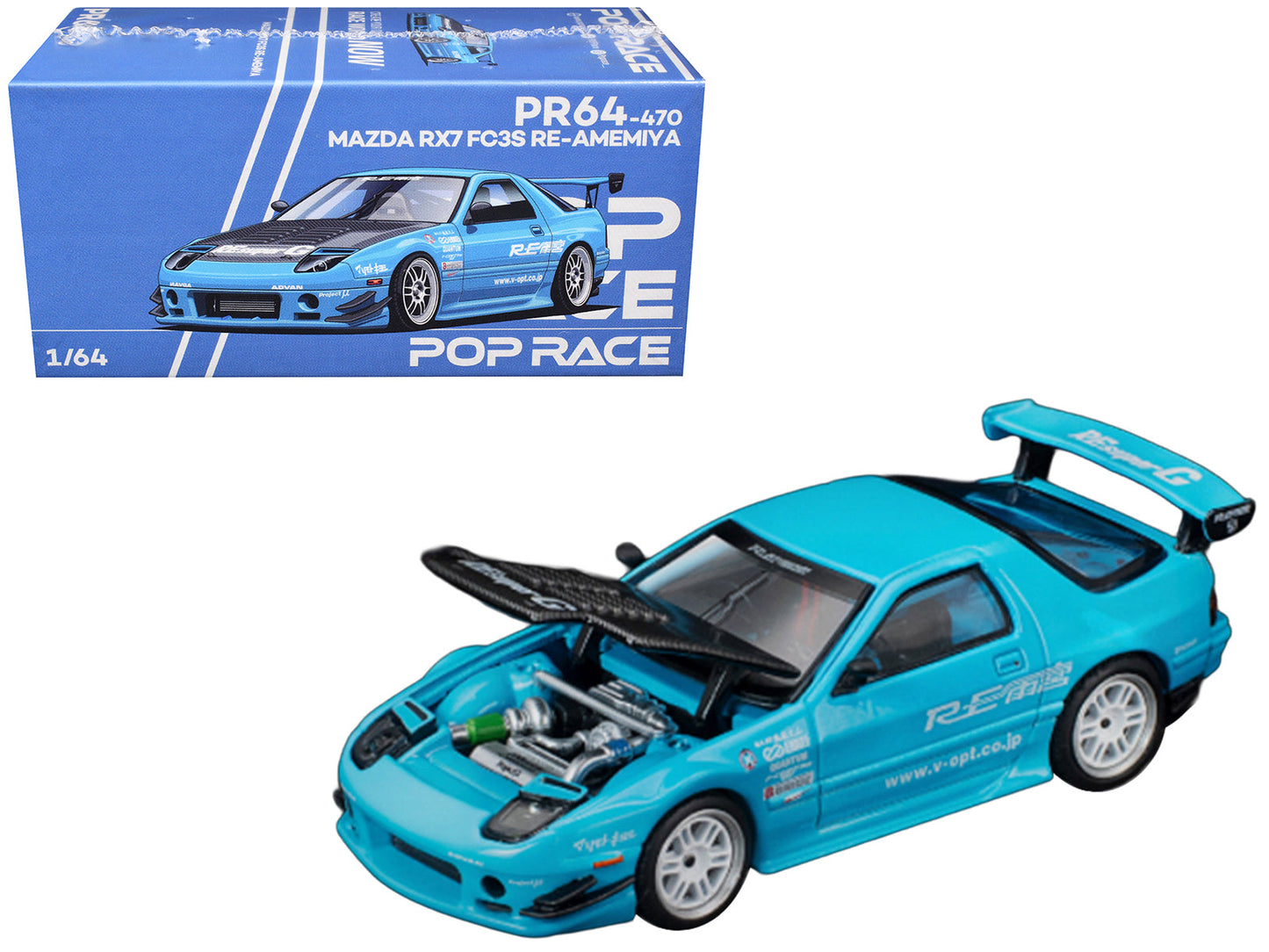 Mazda RX7 (FC3S) RE Amemiya RHD (Right Hand Drive) Light Blue with Carbon Hood "Tokyo Auto Salon 2026" 1/64 Diecast Model Car