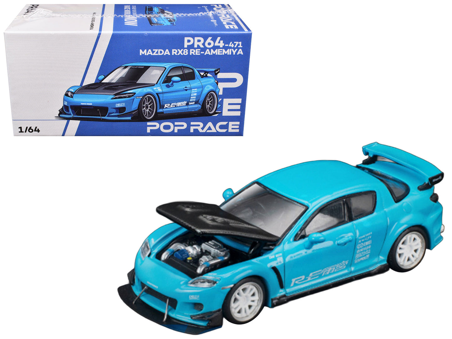 Mazda RX8 RE Amemiya RHD (Right Hand Drive) Light Blue with Carbon Hood "Tokyo Auto Salon 2026" 1/64 Diecast Model Car
