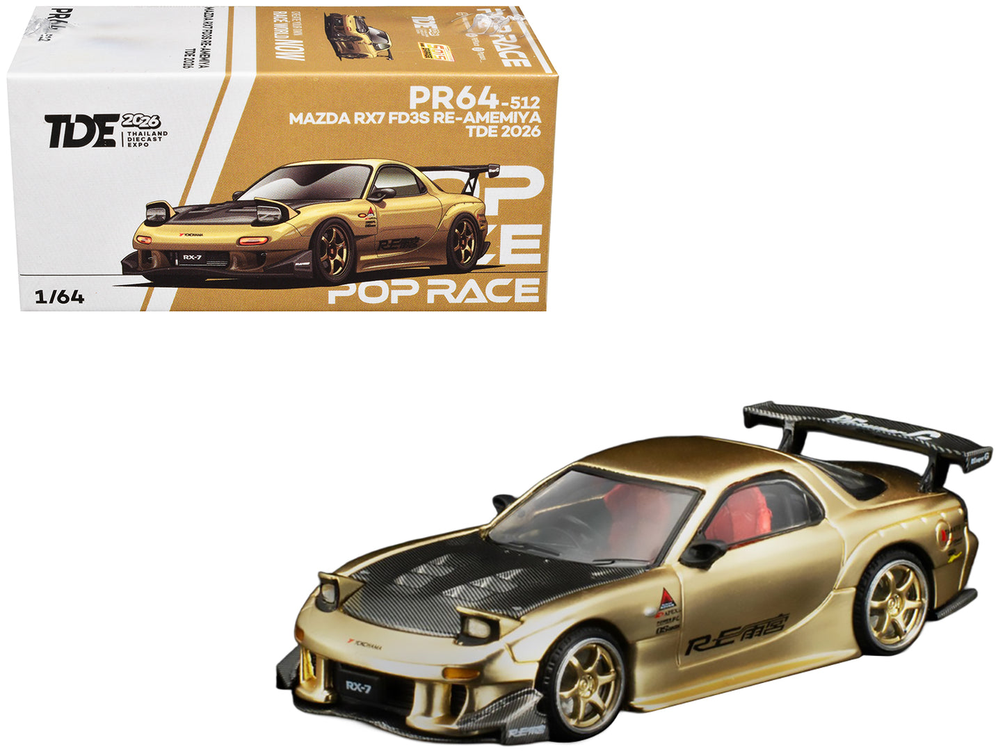 Mazda RX7 (FD3S) RE Amemiya RHD (Right Hand Drive) Gold Metallic with Carbon Hood "Thailand Diecast Expo 2026" 1/64 Diecast Model Car