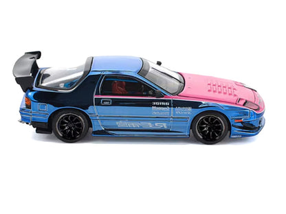 Mazda RX7 (FC3S) RE Amemiya RHD (Right Hand Drive) Blue Chrome with Pink Hood "Street 7 Chrome" 1/64 Diecast Model Car