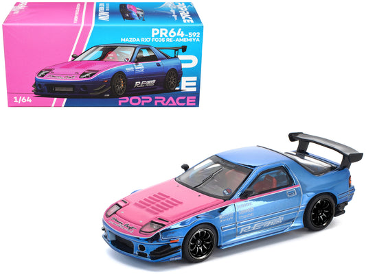 Mazda RX7 (FC3S) RE Amemiya RHD (Right Hand Drive) Blue Chrome with Pink Hood "Street 7 Chrome" 1/64 Diecast Model Car