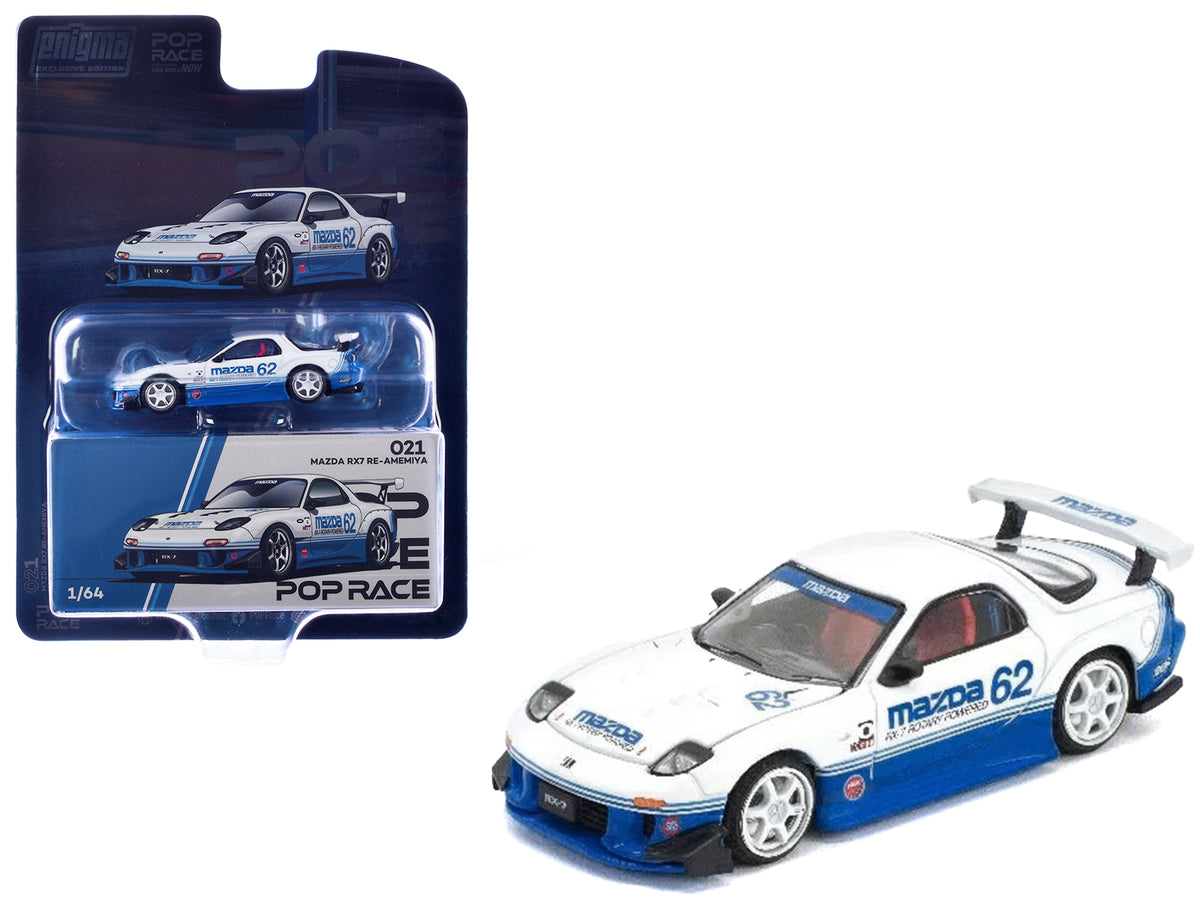 Mazda RX7 RE-Amemiya RHD (Right Hand Drive) #62 White and Blue with Graphics "Enigma Exclusive Edition" 1/64 Diecast Model Car