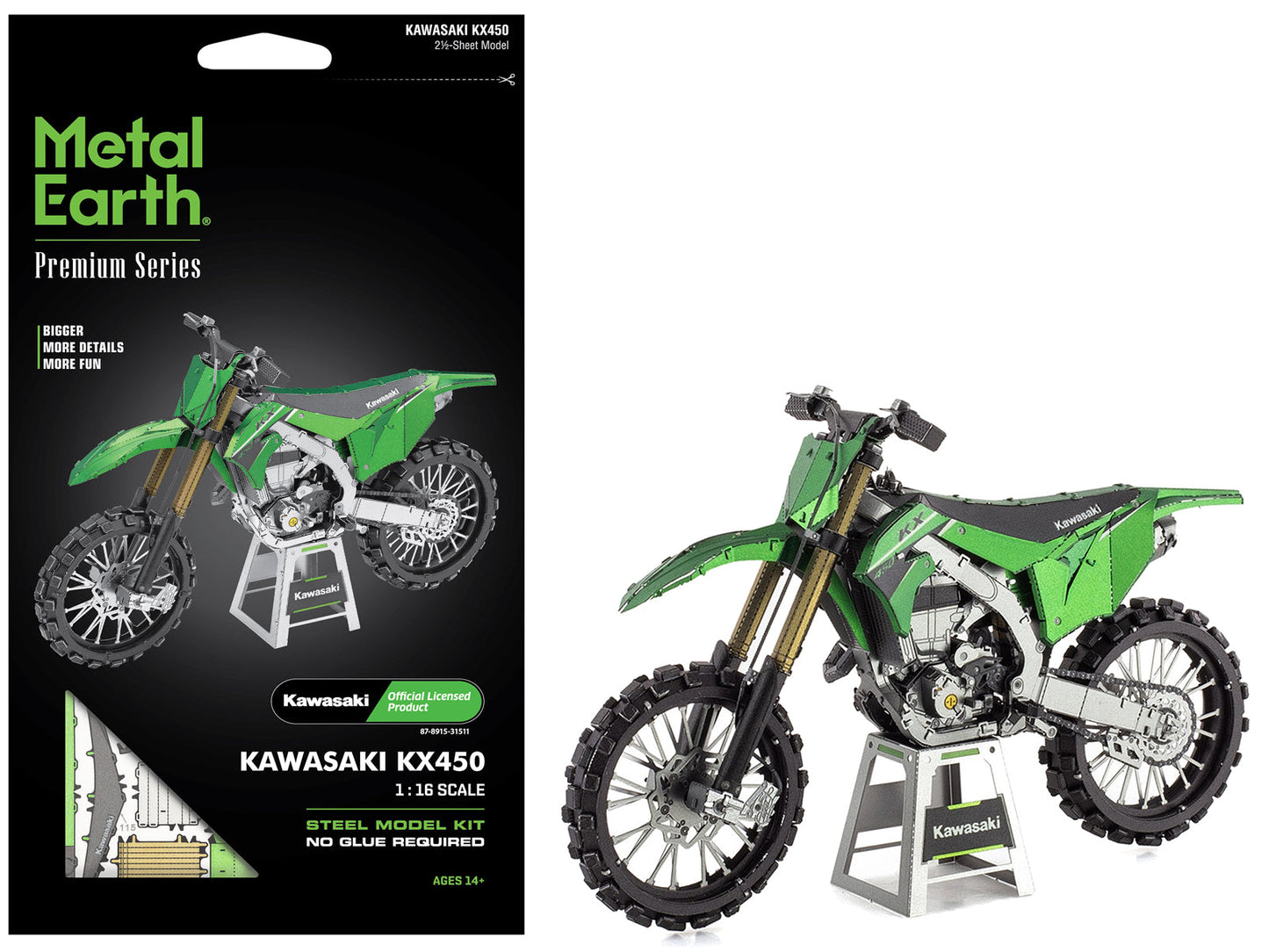 Model Kit Kawasaki KX450 Off-Road Motorcycle Green (Challenging Difficulty) Steel Model