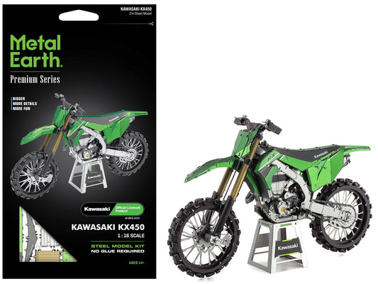 Model Kit Kawasaki KX450 Off-Road Motorcycle Green (Challenging Difficulty) Steel Model