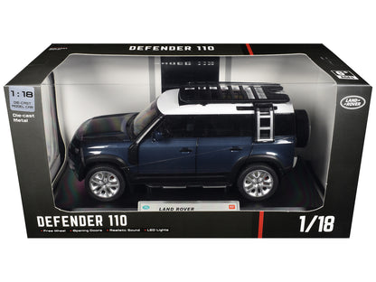 Land Rover Defender 110 Blue Metallic with White Top and Roof Rack 1/18 Diecast Model Car