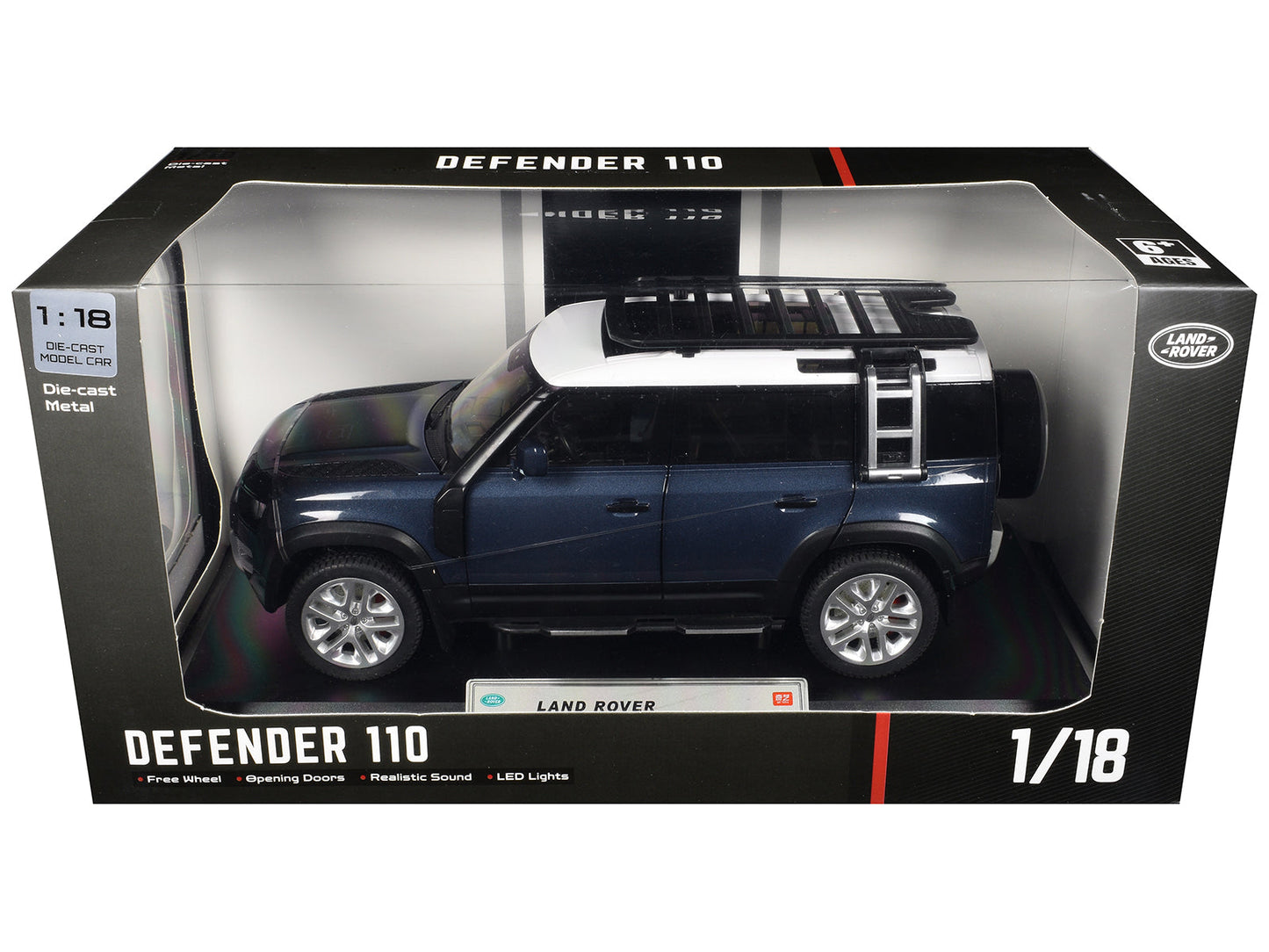 Land Rover Defender 110 Blue Metallic with White Top and Roof Rack 1/18 Diecast Model Car