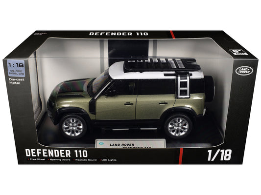 Land Rover Defender 110 Green Metallic with White Top and Roof Rack 1/18 Diecast Model Car