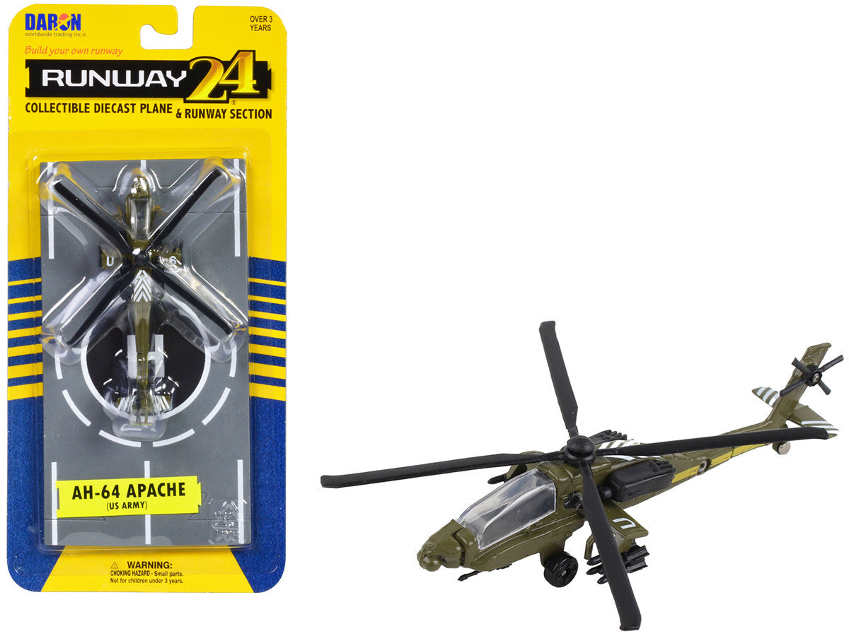 Boeing AH-64 Apache Helicopter Olive Drab "United States Army" with Runway Section Diecast Model