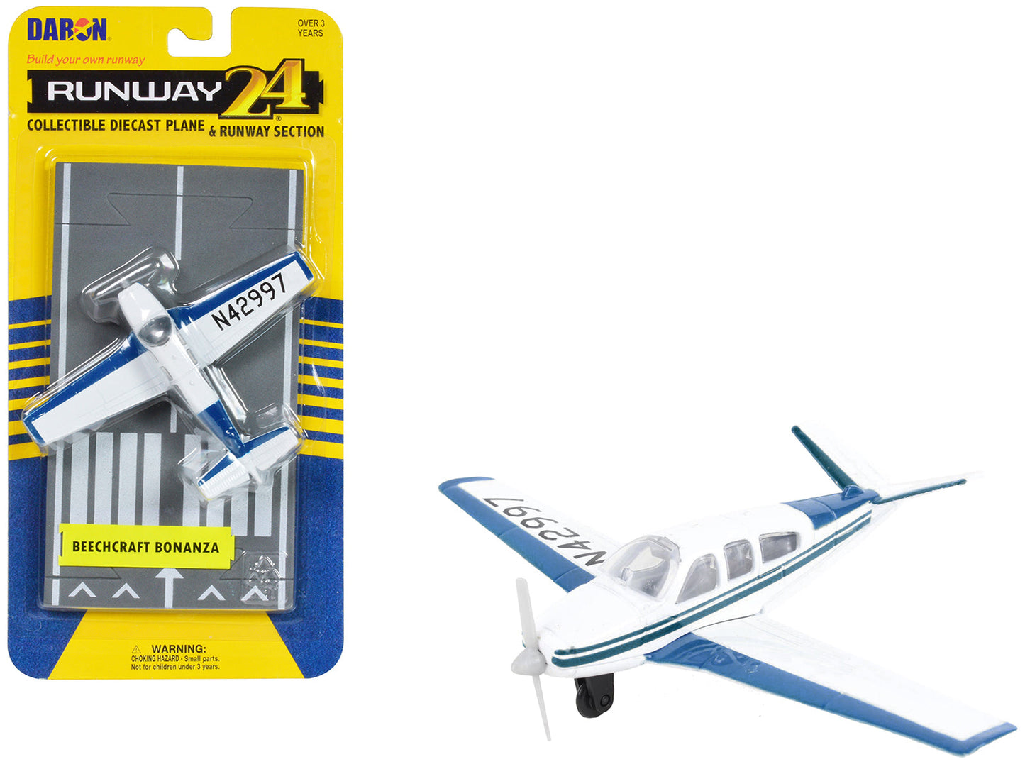 Beechcraft Bonanza Aircraft White with Blue Stripes "N42997" with Runway Section Diecast Model Airplane