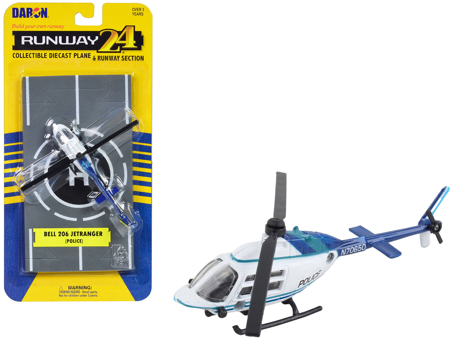 Bell 206 Jetranger Helicopter White and Blue "Police-N70650" with Runway Section Diecast Model