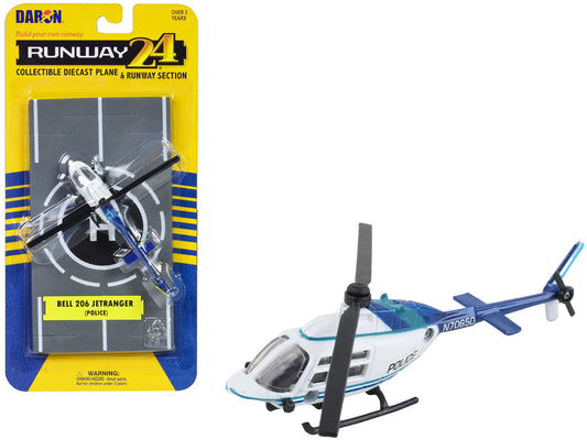 Bell 206 Jetranger Helicopter White and Blue "Police-N70650" with Runway Section Diecast Model