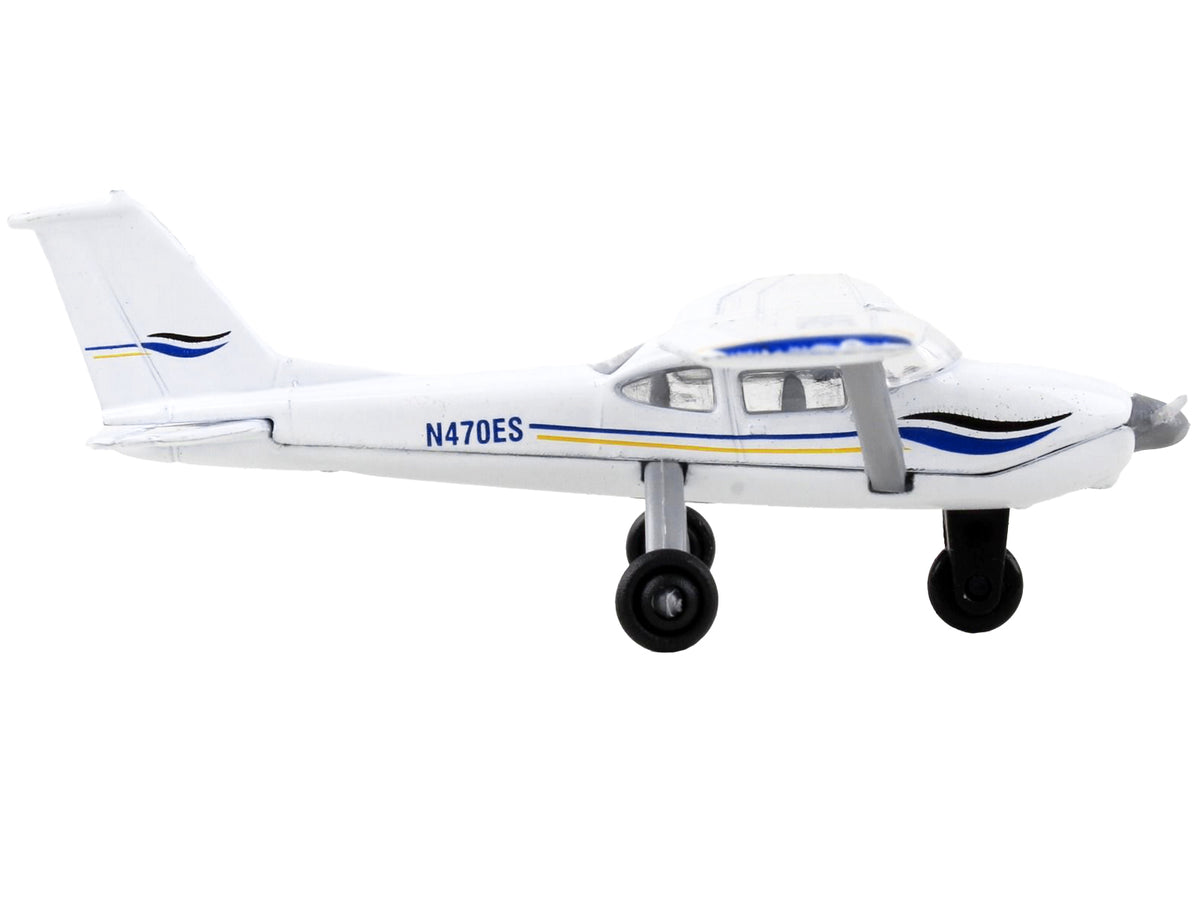 Cessna 172 Aircraft White with Blue and Yellow Stripes "N470ES" with Runway Section Diecast Model Airplane