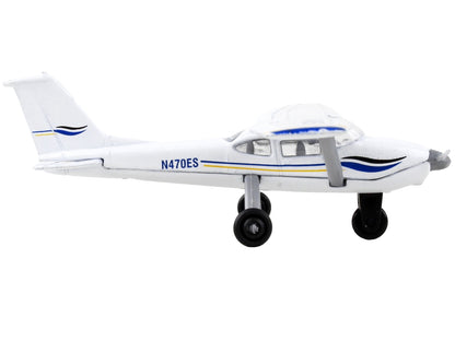 Cessna 172 Aircraft White with Blue and Yellow Stripes "N470ES" with Runway Section Diecast Model Airplane