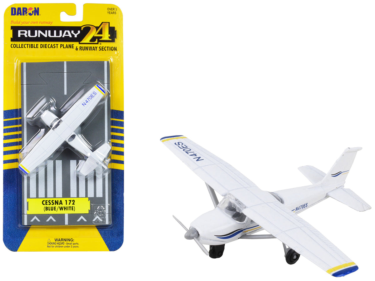 Cessna 172 Aircraft White with Blue and Yellow Stripes "N470ES" with Runway Section Diecast Model Airplane