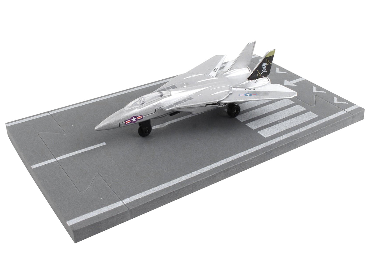 Grumman F-14 Tomcat Fighter Aircraft Silver Metallic "United States Navy VF-84 Jolly Rogers" with Runway Section Diecast Model Airplane