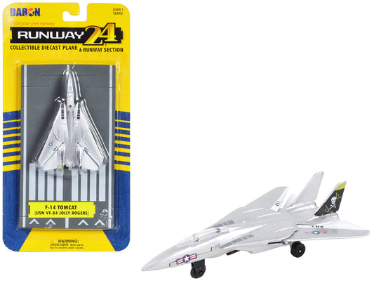 Grumman F-14 Tomcat Fighter Aircraft Silver Metallic "United States Navy VF-84 Jolly Rogers" with Runway Section Diecast Model Airplane