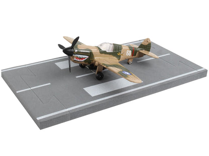 Curtiss P-40 Warhawk Fighter Aircraft Camouflage "Flying Tigers-First American Volunteer Group" with Runway Section Diecast Model Airplane