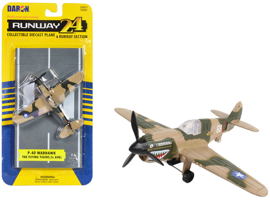 Curtiss P-40 Warhawk Fighter Aircraft Camouflage "Flying Tigers-First American Volunteer Group" with Runway Section Diecast Model Airplane