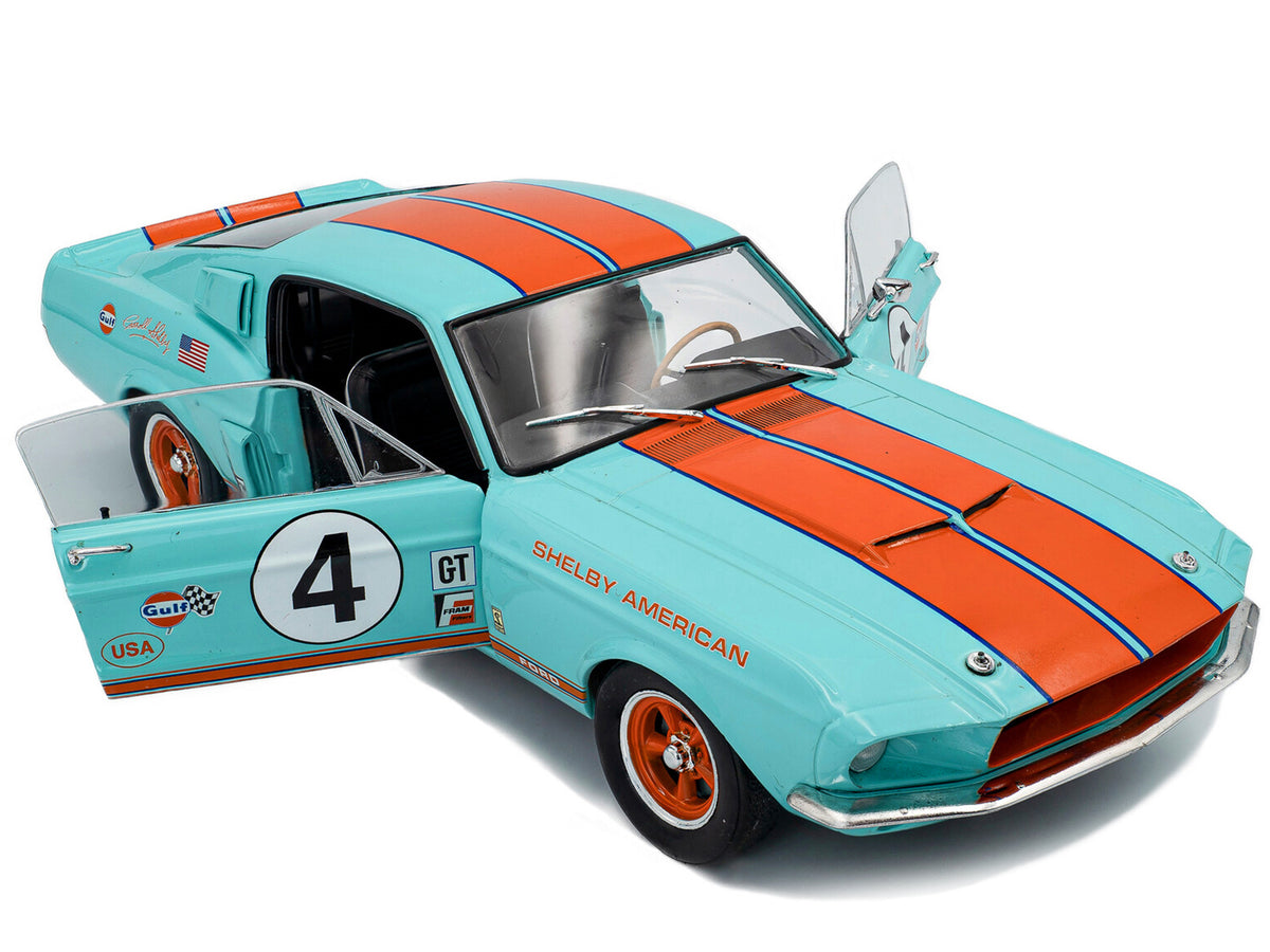 1967 Shelby GT500 #4 "Gulf Racing Tribute" Light Blue with Orange Stripes 1/18 Diecast Model Car