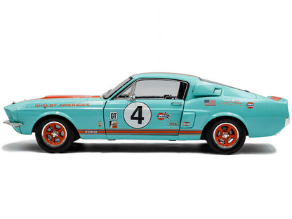 1967 Shelby GT500 #4 "Gulf Racing Tribute" Light Blue with Orange Stripes 1/18 Diecast Model Car