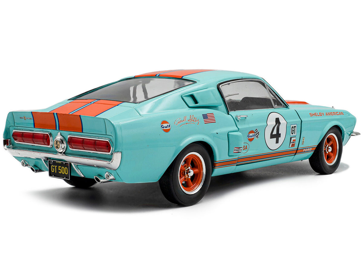 1967 Shelby GT500 #4 "Gulf Racing Tribute" Light Blue with Orange Stripes 1/18 Diecast Model Car