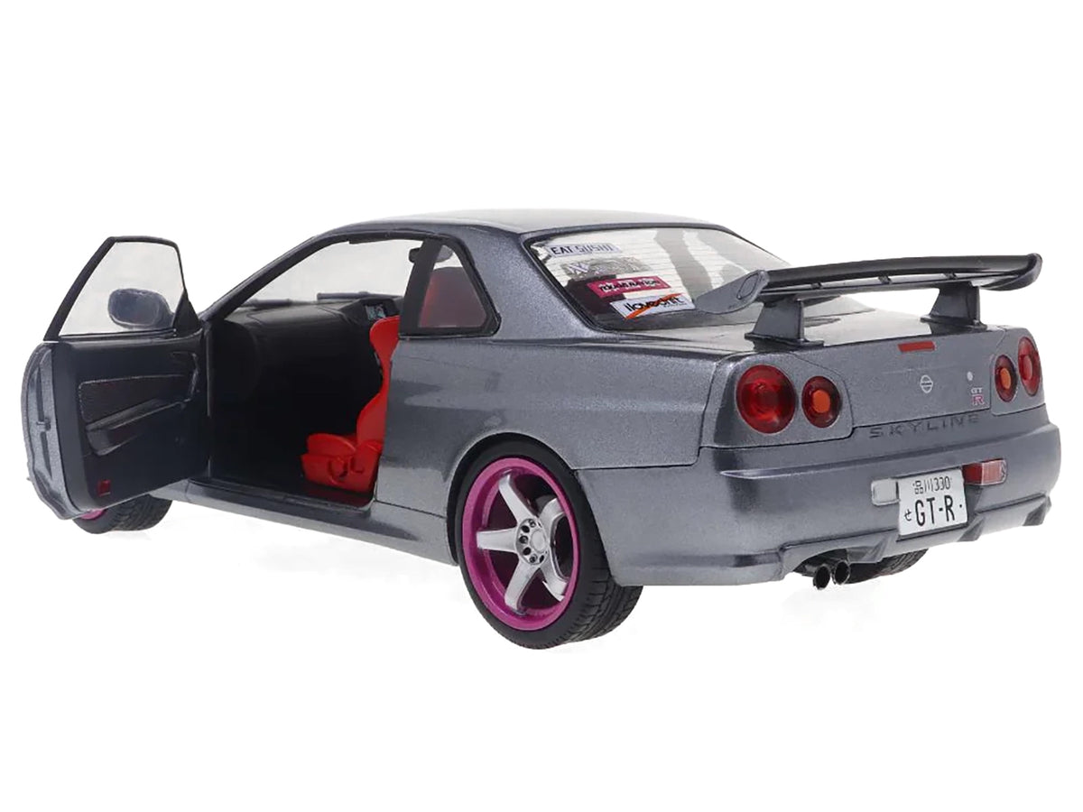 1999 Nissan Skyline GT-R (R34) RHD (Right Hand Drive) Silver Metallic with Purple Wheels 1/18 Diecast Model Car