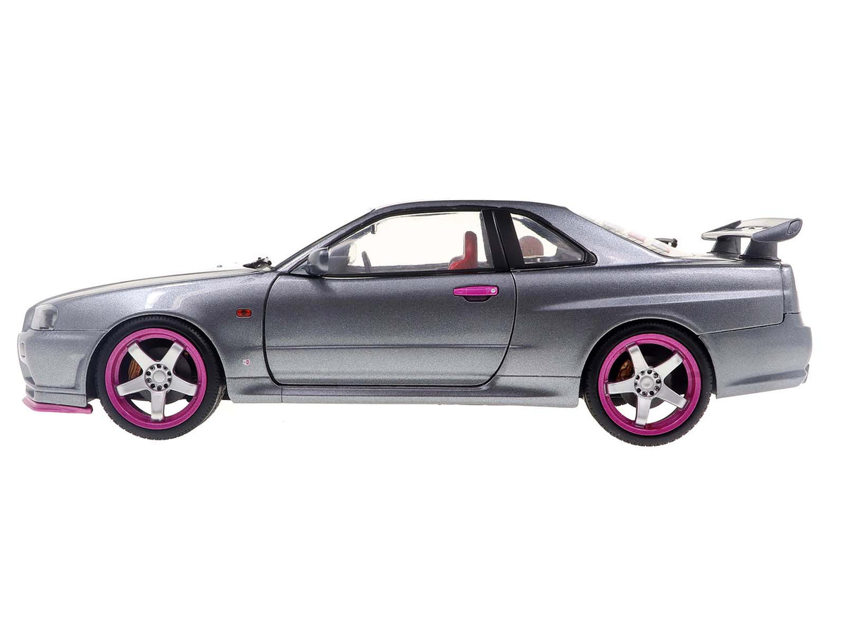 1999 Nissan Skyline GT-R (R34) RHD (Right Hand Drive) Silver Metallic with Purple Wheels 1/18 Diecast Model Car