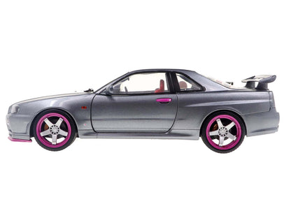 1999 Nissan Skyline GT-R (R34) RHD (Right Hand Drive) Silver Metallic with Purple Wheels 1/18 Diecast Model Car