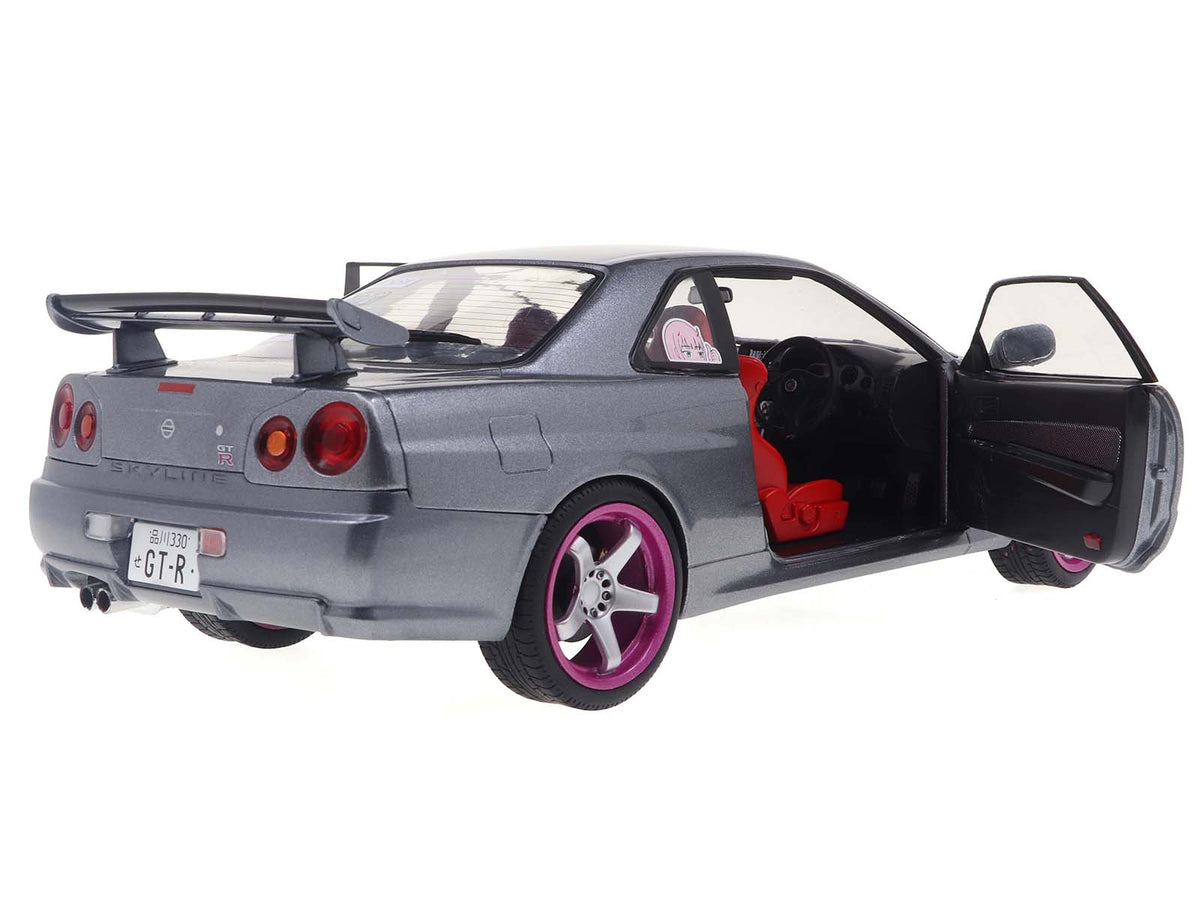 1999 Nissan Skyline GT-R (R34) RHD (Right Hand Drive) Silver Metallic with Purple Wheels 1/18 Diecast Model Car